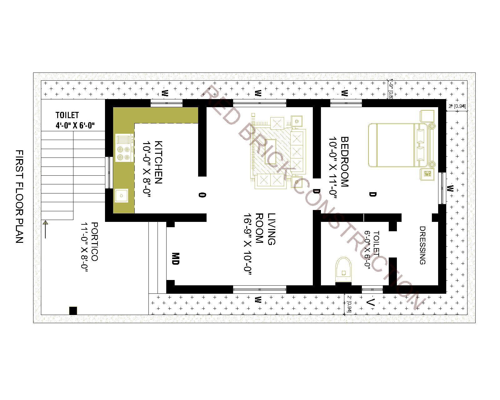 Residential first floor plan showing a bedroom, dressing area, living room, kitchen, toilets, portico, and stairs
