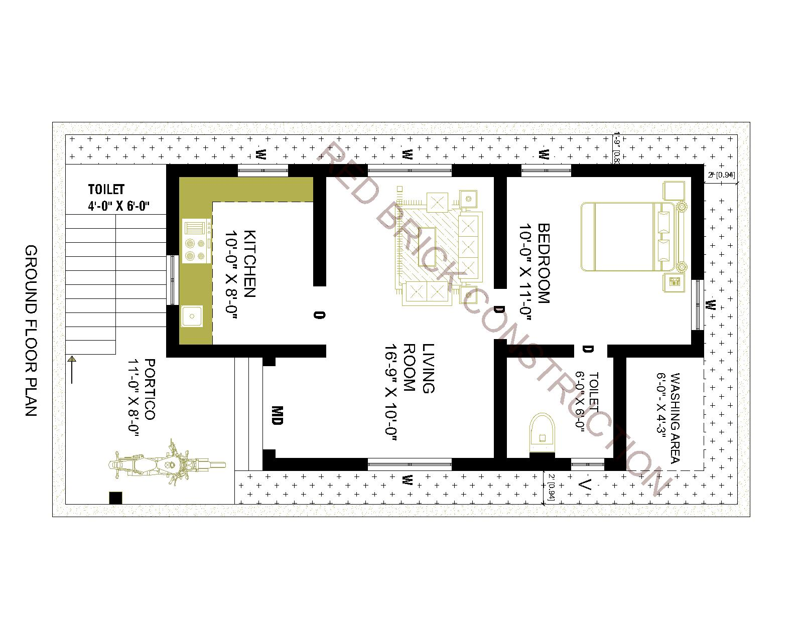 Residential ground floor plan showing a bedroom, living room, kitchen, toilets, washing area, portico, and stairs
