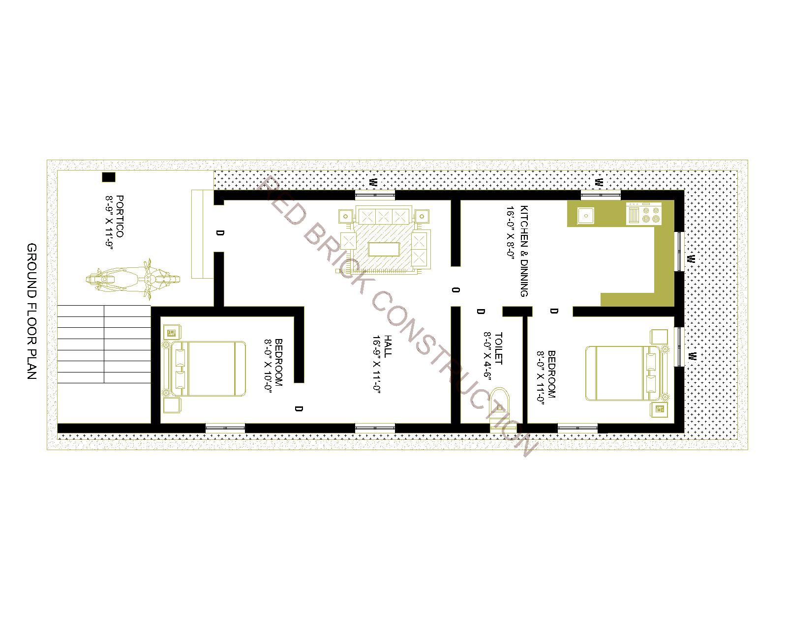 Residential ground floor layout with two bedrooms, hall, kitchen and dining area, toilet, portico, and stairs
